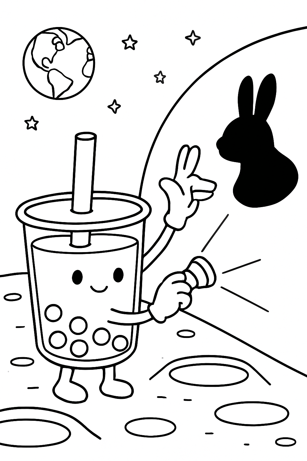 boba tea directing shadow puppets on moon