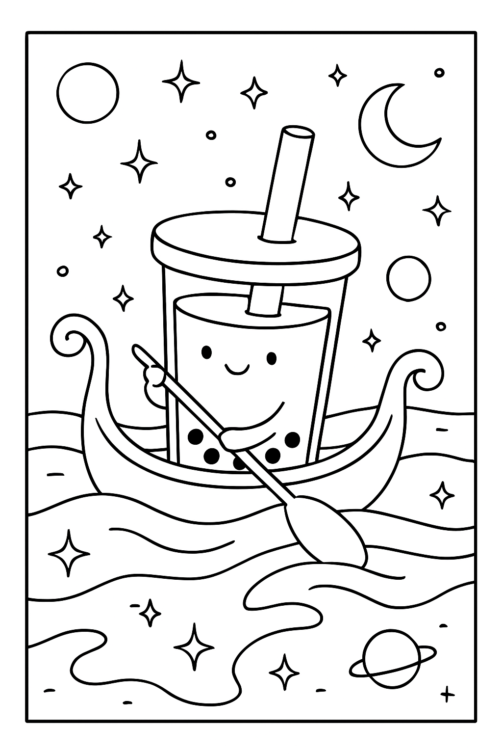 boba tea paddling gondola through galaxy river
