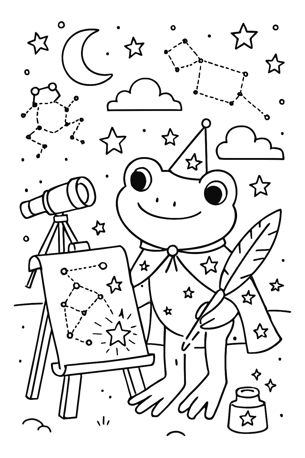 astronomer frog mapping constellations with glowing inks