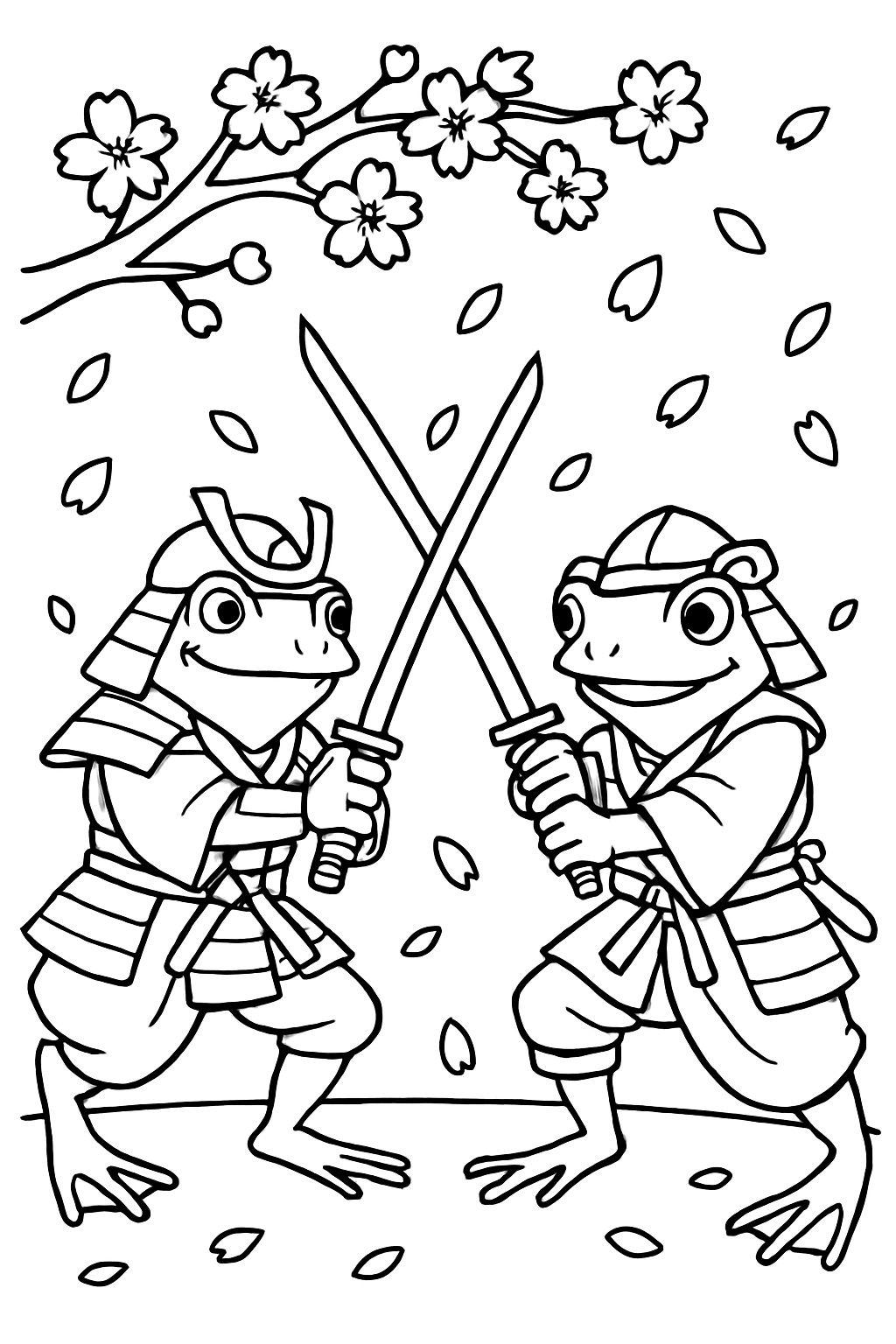 samurai frog dueling beneath falling cherry blossoms