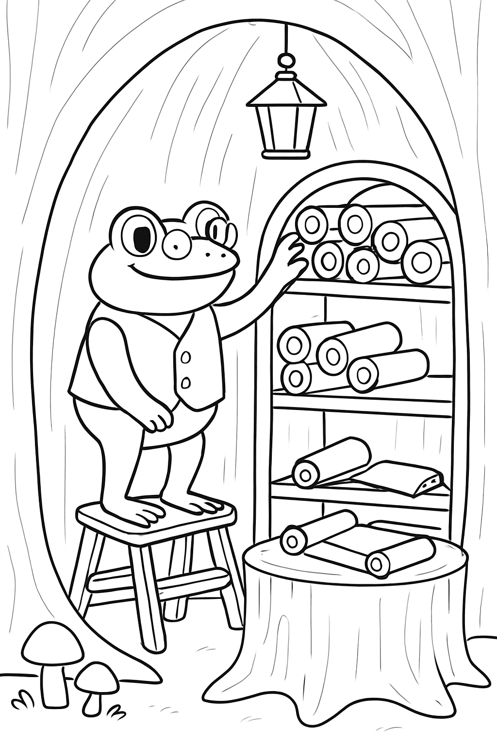 librarian frog organizing scrolls inside tree hollow