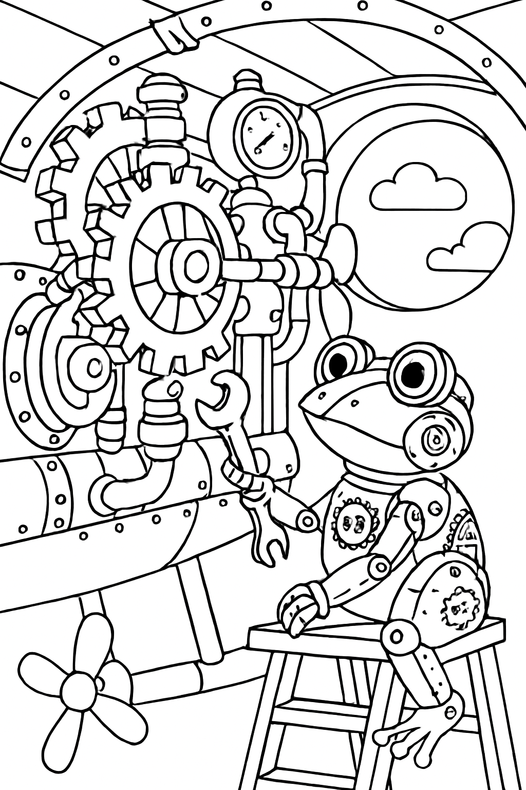 clockwork frog repairing a steampunk airship engine