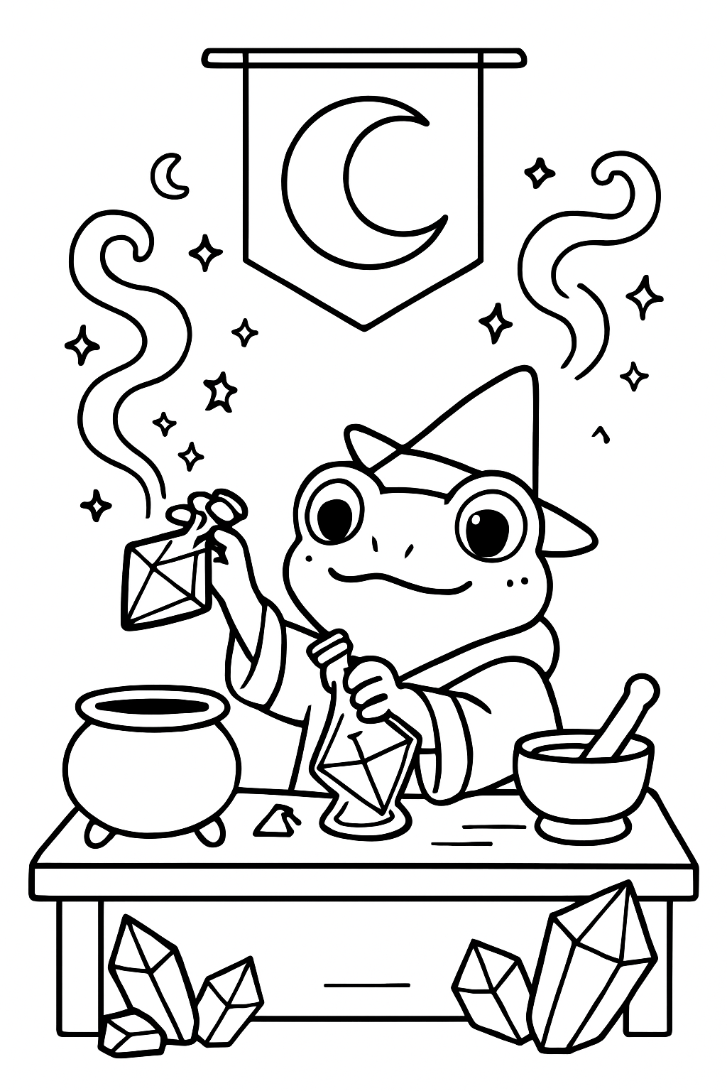 alchemist frog brewing moonlight in crystal flasks