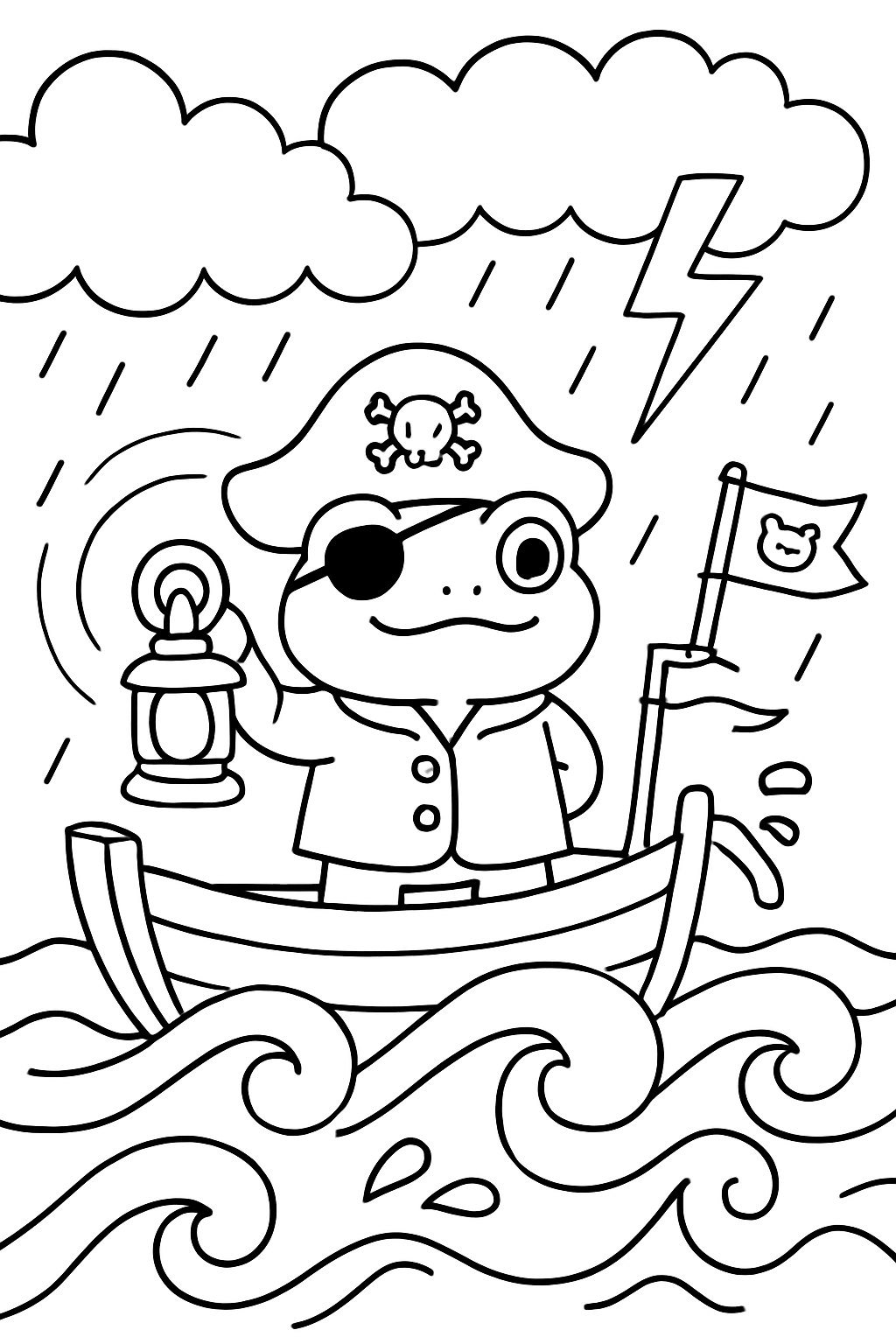 pirate frog navigating stormy seas by lantern