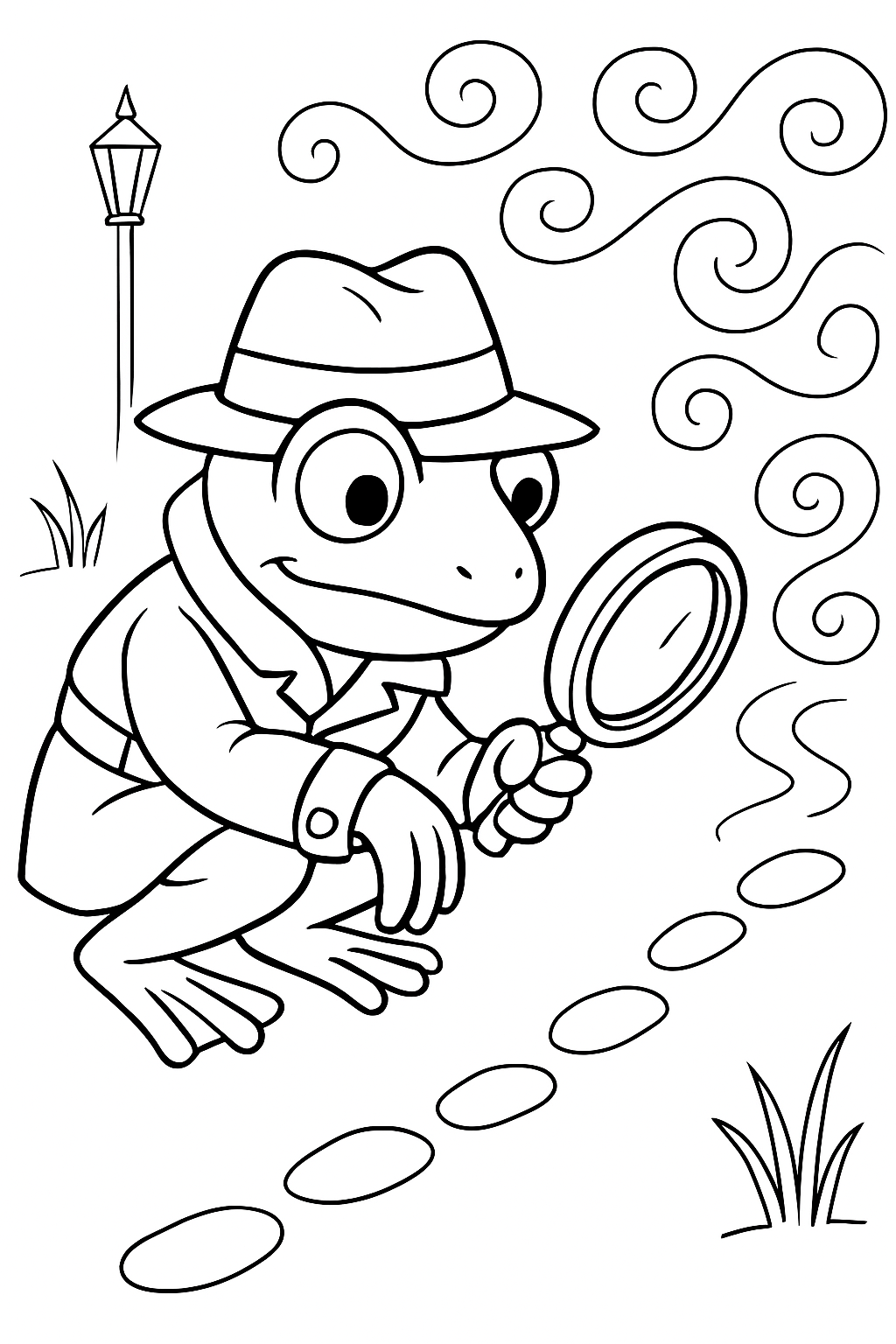 detective frog inspecting footprints in mystical fog