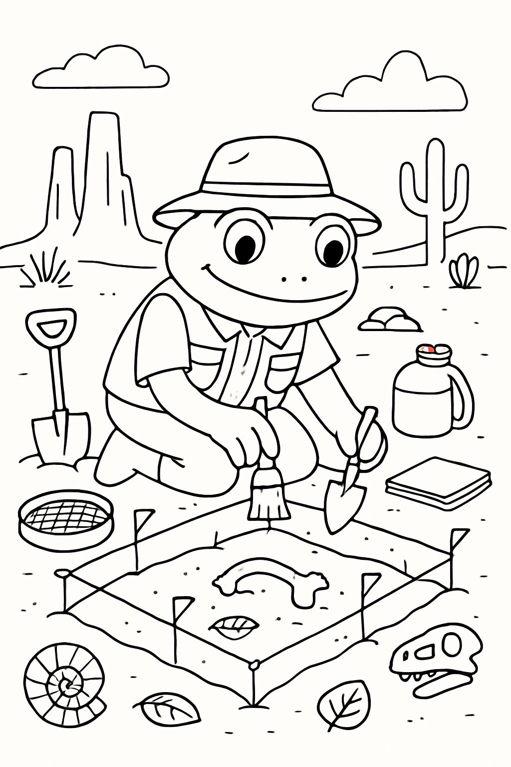 archaeologist frog unearthing fossils under desert monoliths