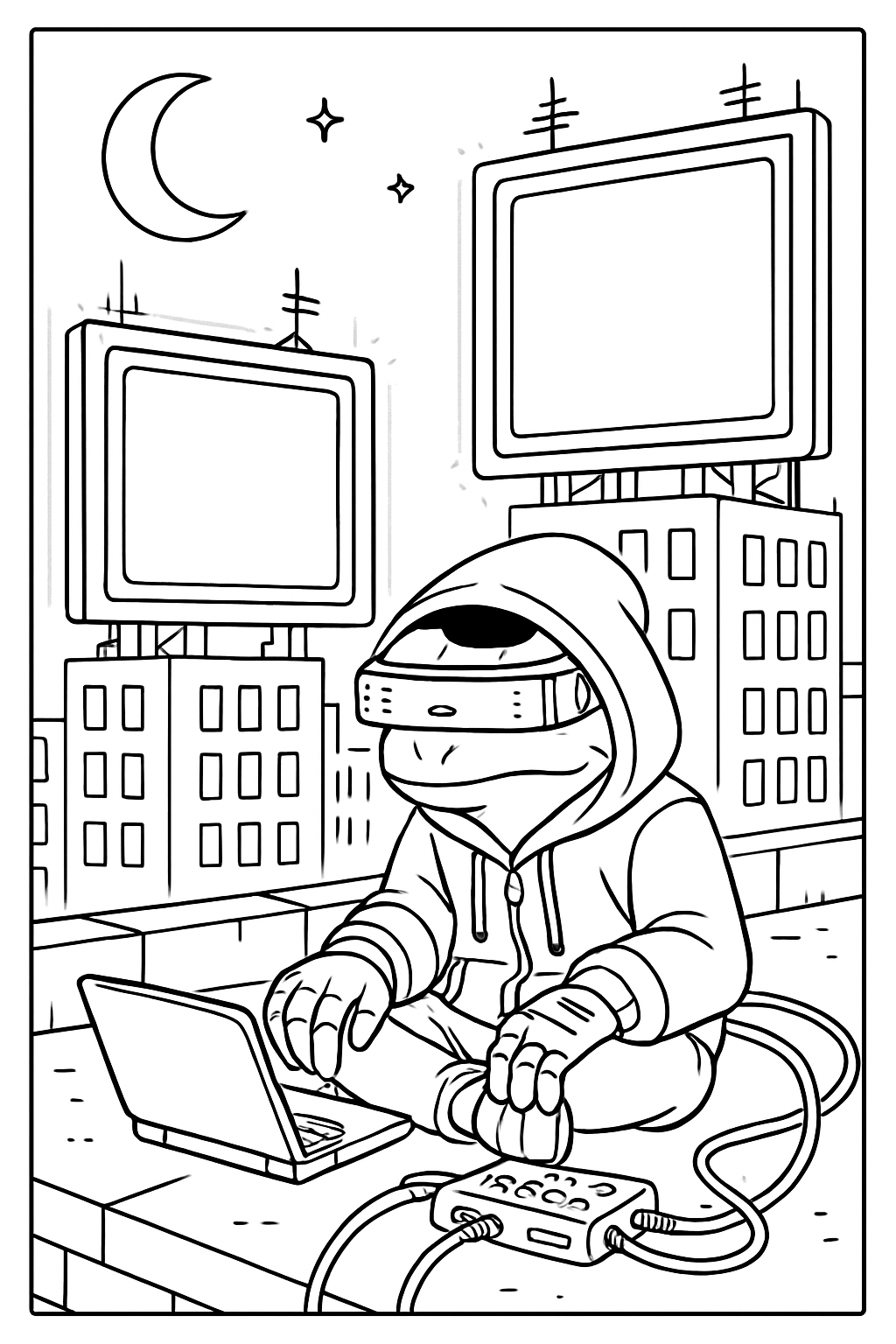 cyberpunk frog hacking neon billboards at midnight