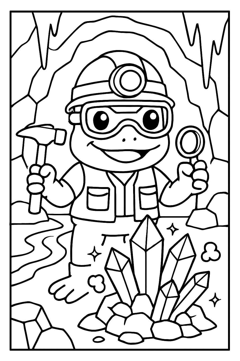 geologist frog crystallizing gemstones inside volcano