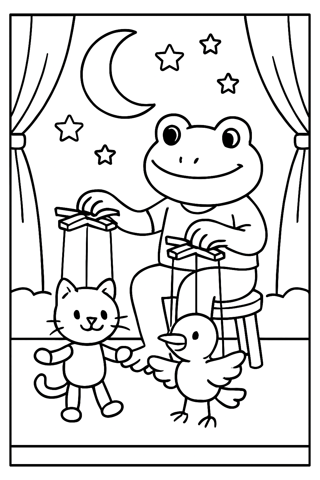 puppeteer frog animating marionettes by moonlight