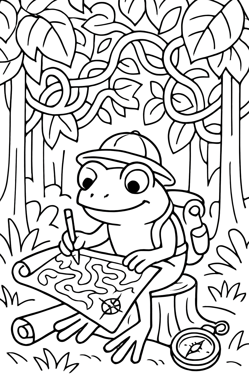 cartographer frog sketching labyrinthine jungle canopy