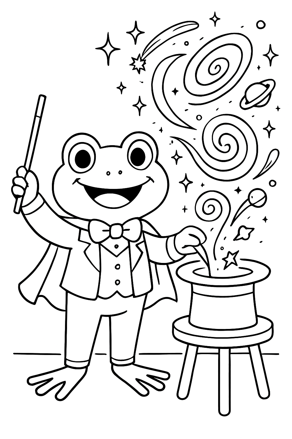 magician frog pulling galaxies from top hat