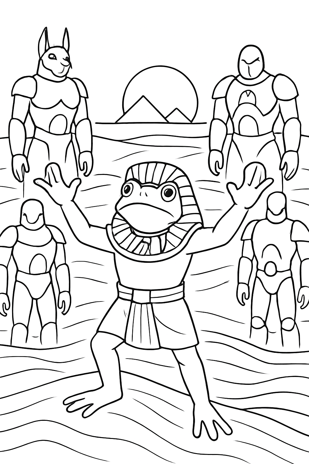 pharaoh frog commanding sand guardians at dusk