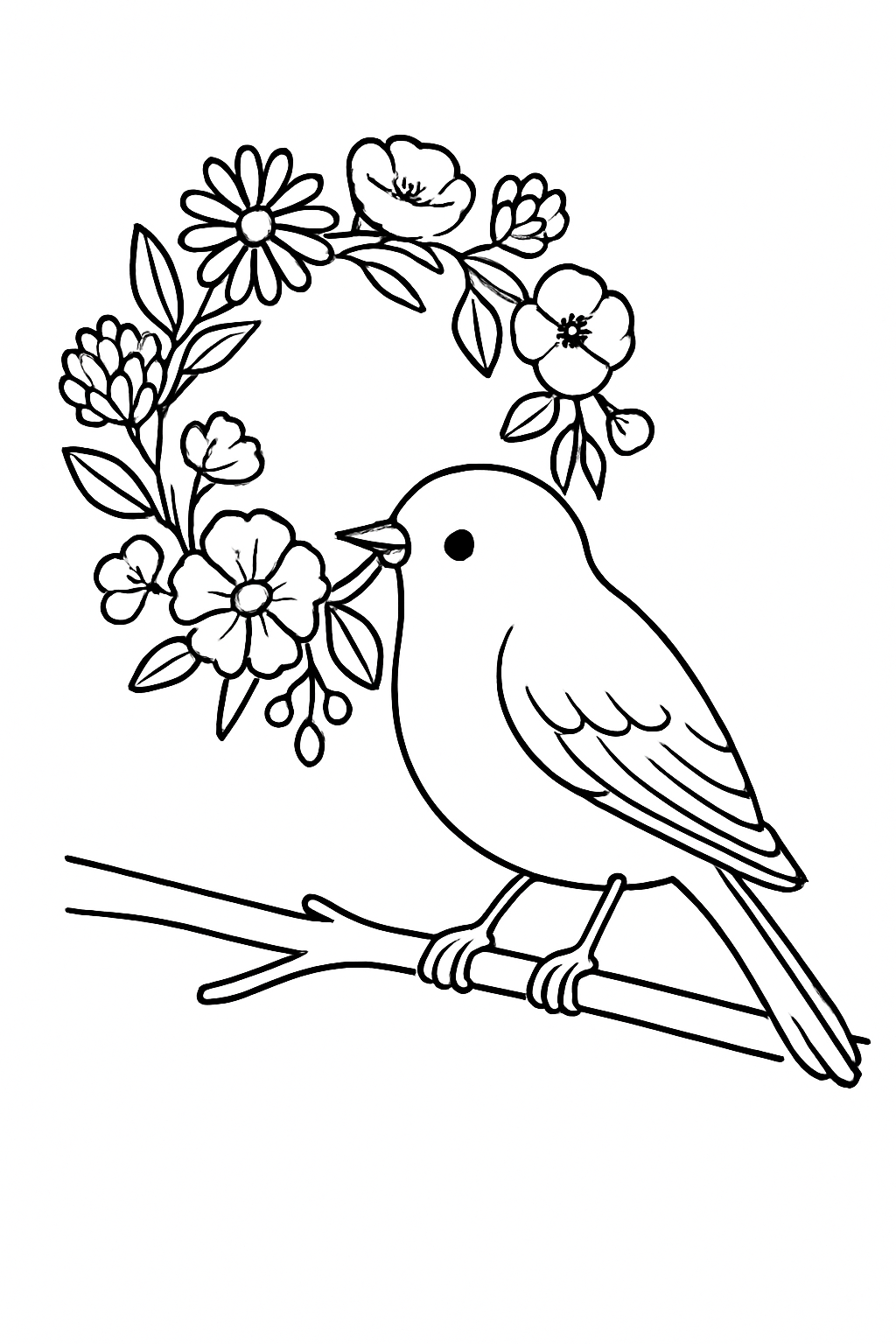 bird weaving a crown of wildflowers