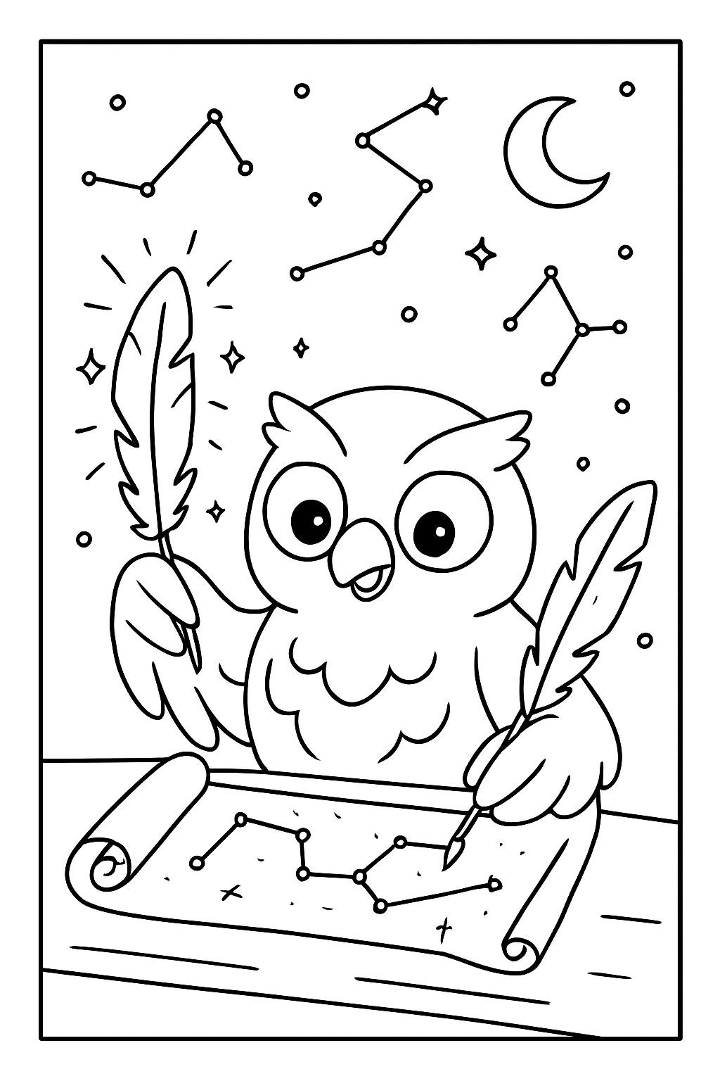 bird charting constellations with glowing quills