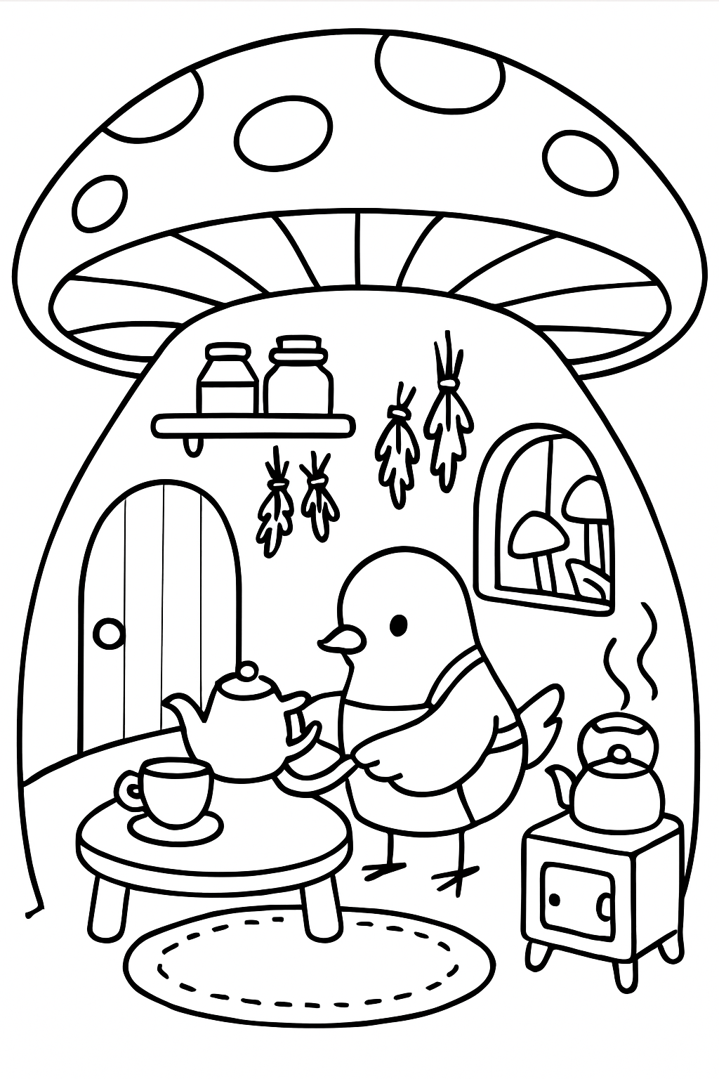 bird brewing tea in a mushroom teahouse