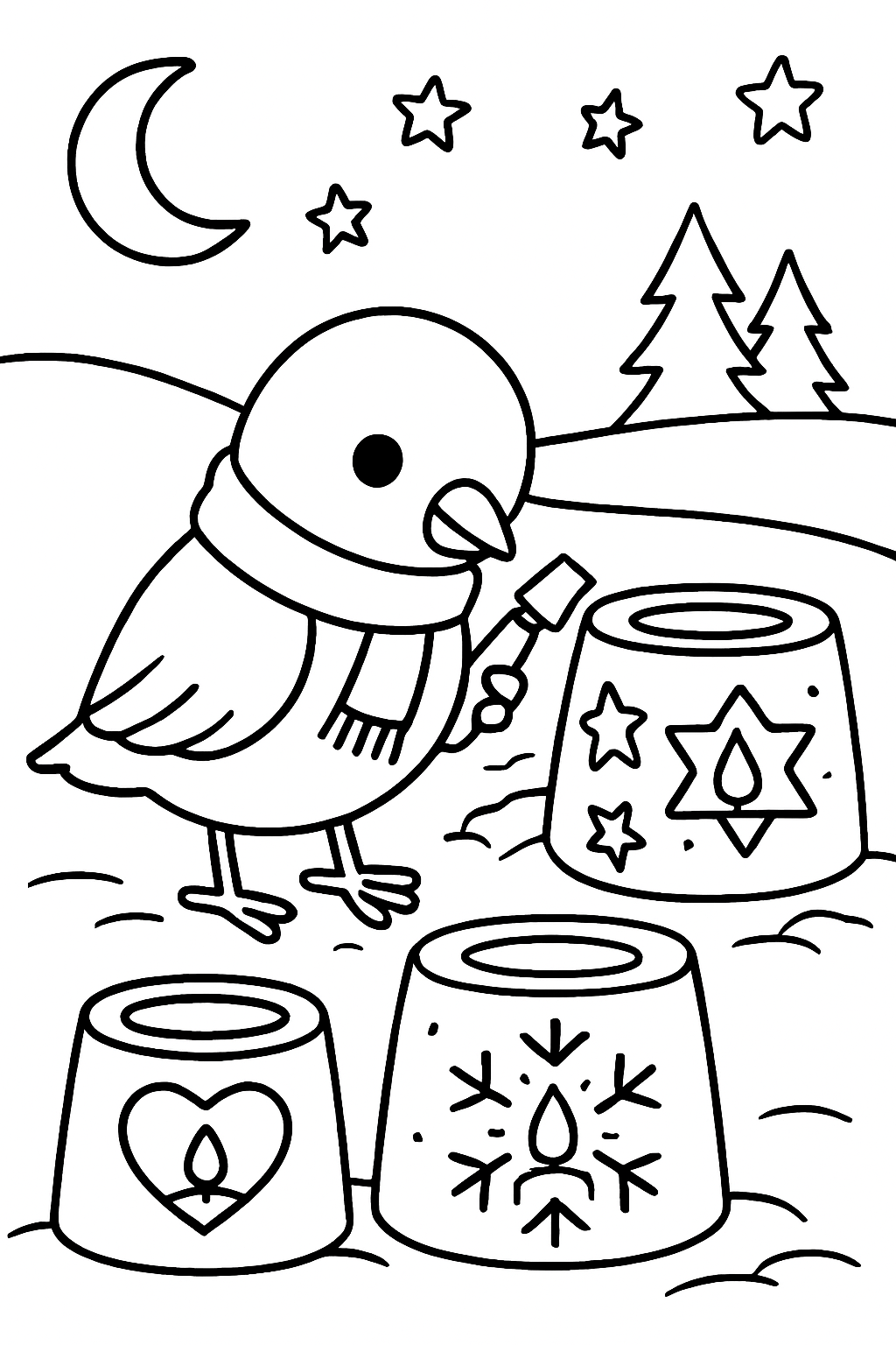 bird sculpting ice lanterns at twilight