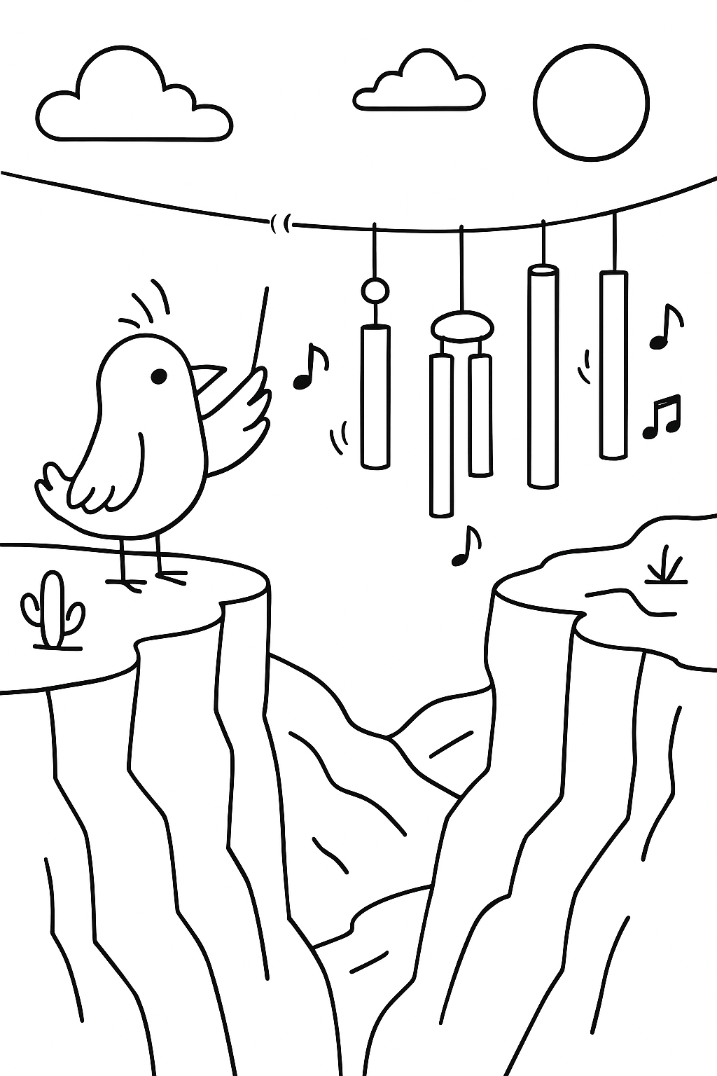 bird conducting wind chimes across canyon cliffs