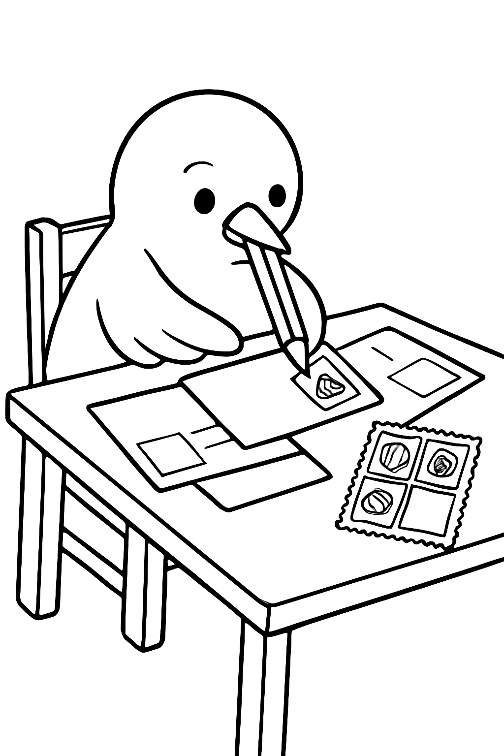 bird composing postcards with seashell stamps