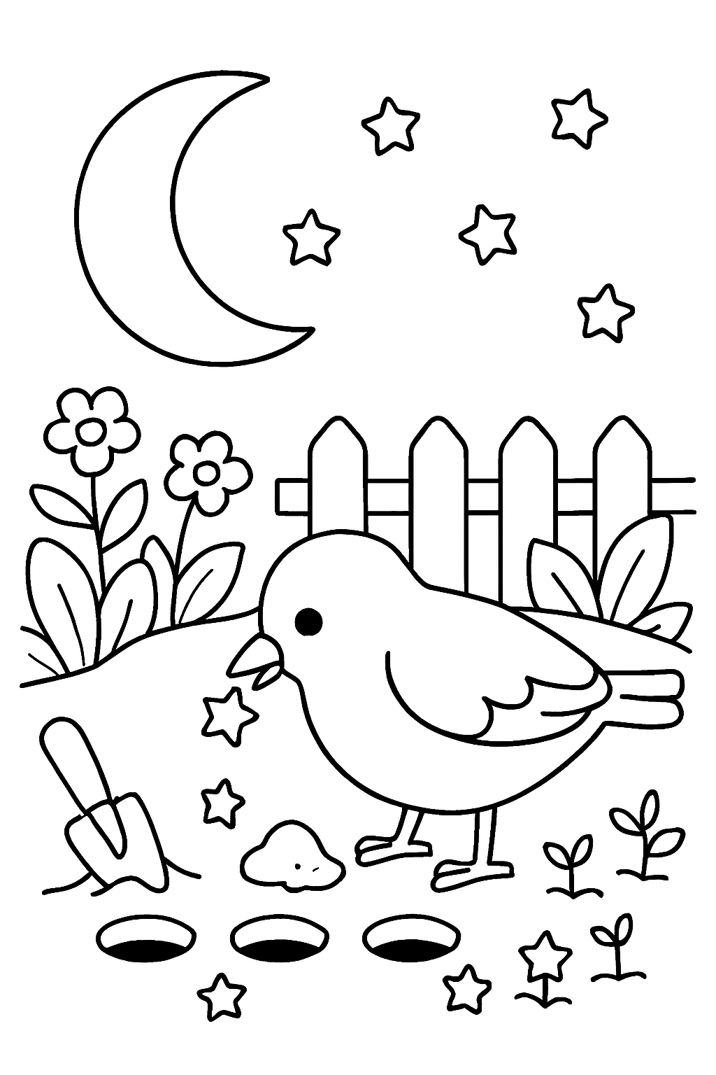 bird planting starseeds in moonlit garden