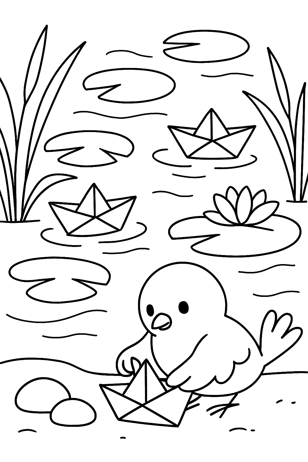 bird folding paper boats on lily pond