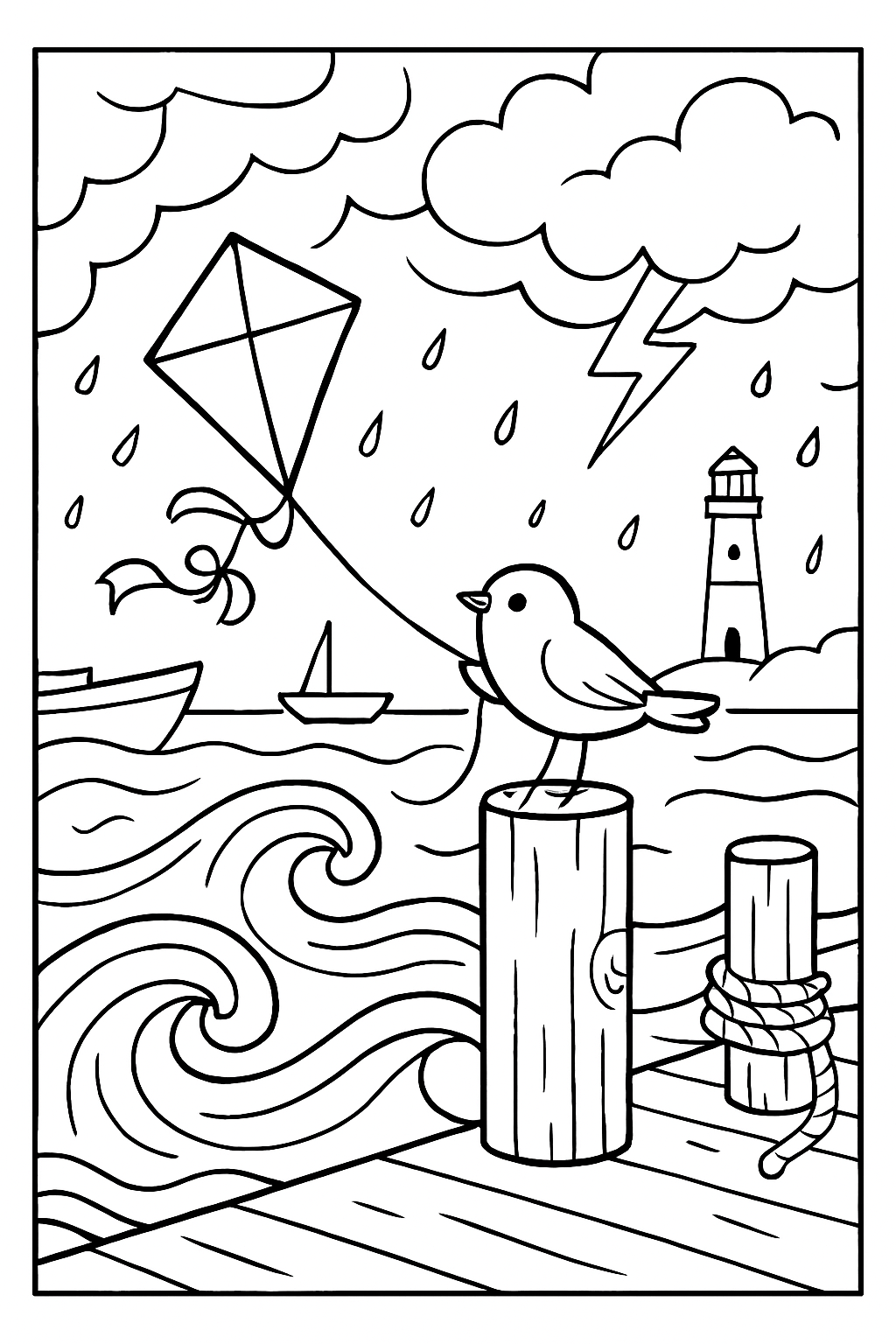 bird taming a kite in stormy harbor