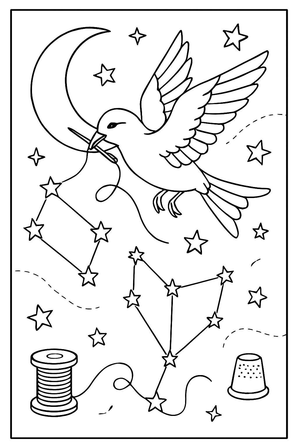 bird stitching constellations onto velvet sky