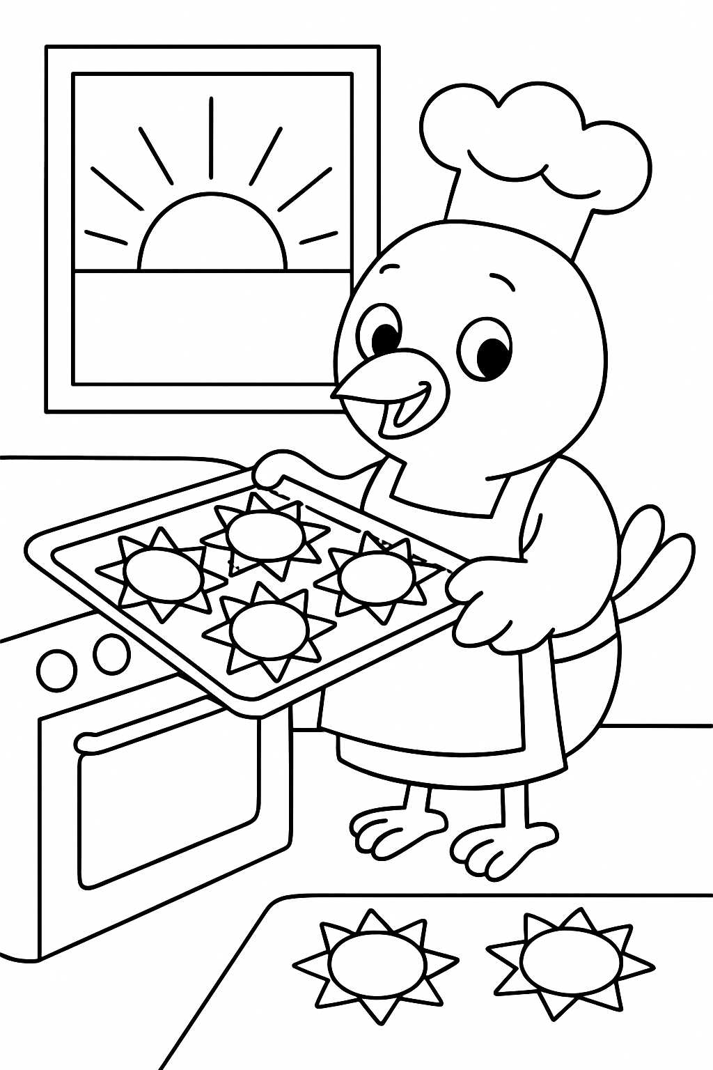 bird baking sun-shaped pies at dawn