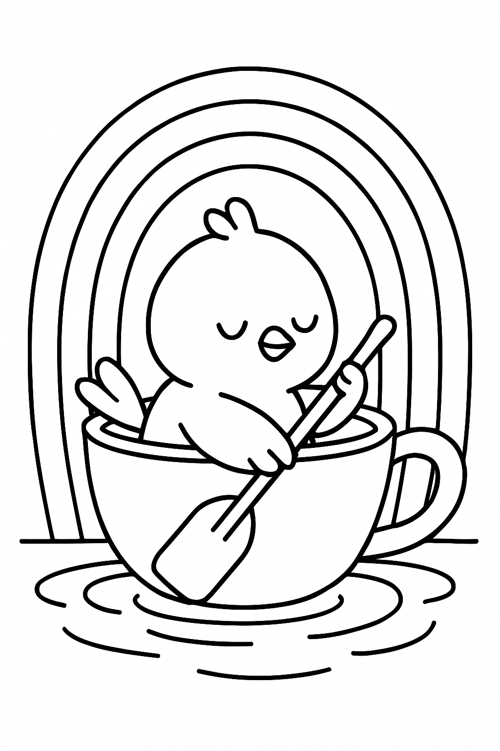 bird rowing a teacup through rainbows