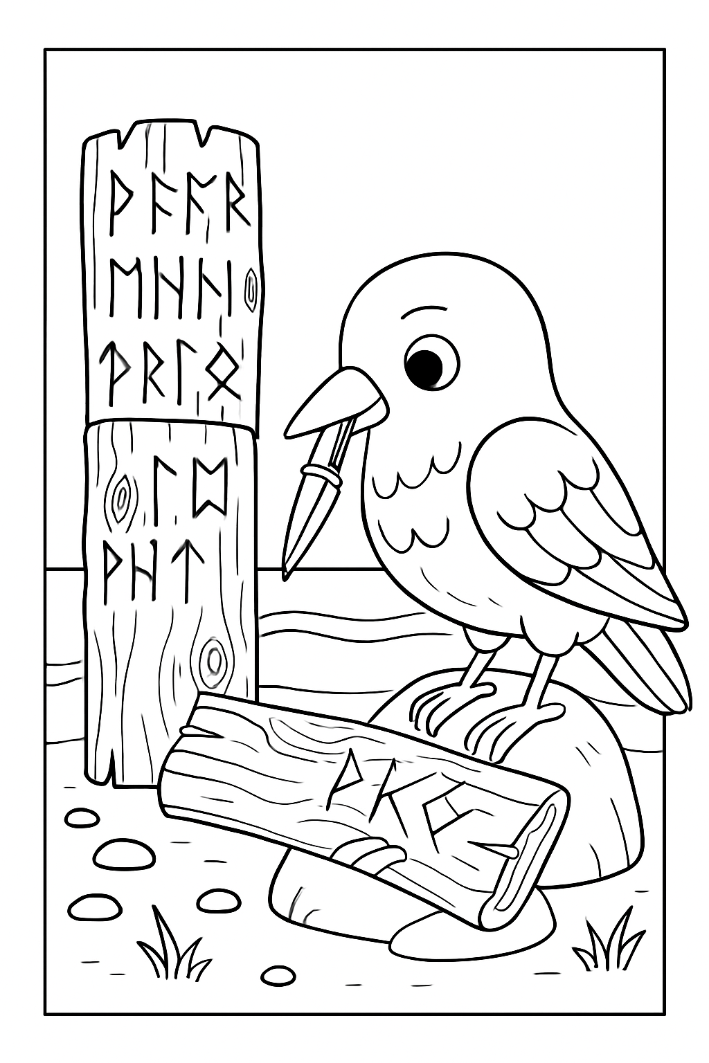 bird carving runes into driftwood totems