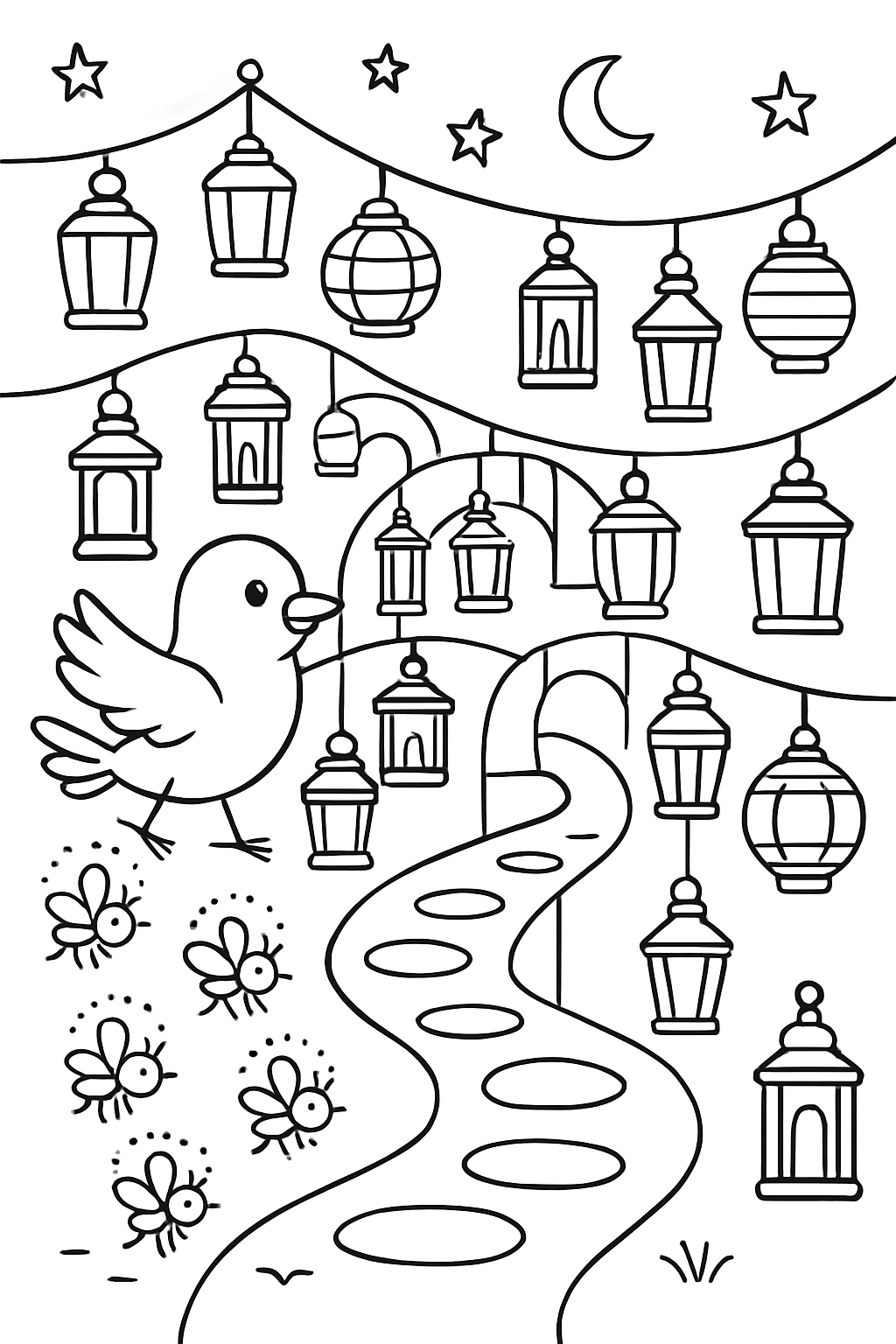 bird guiding fireflies through lantern maze