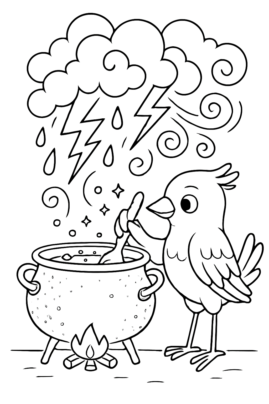 bird brewing thunderstorms in a copper cauldron
