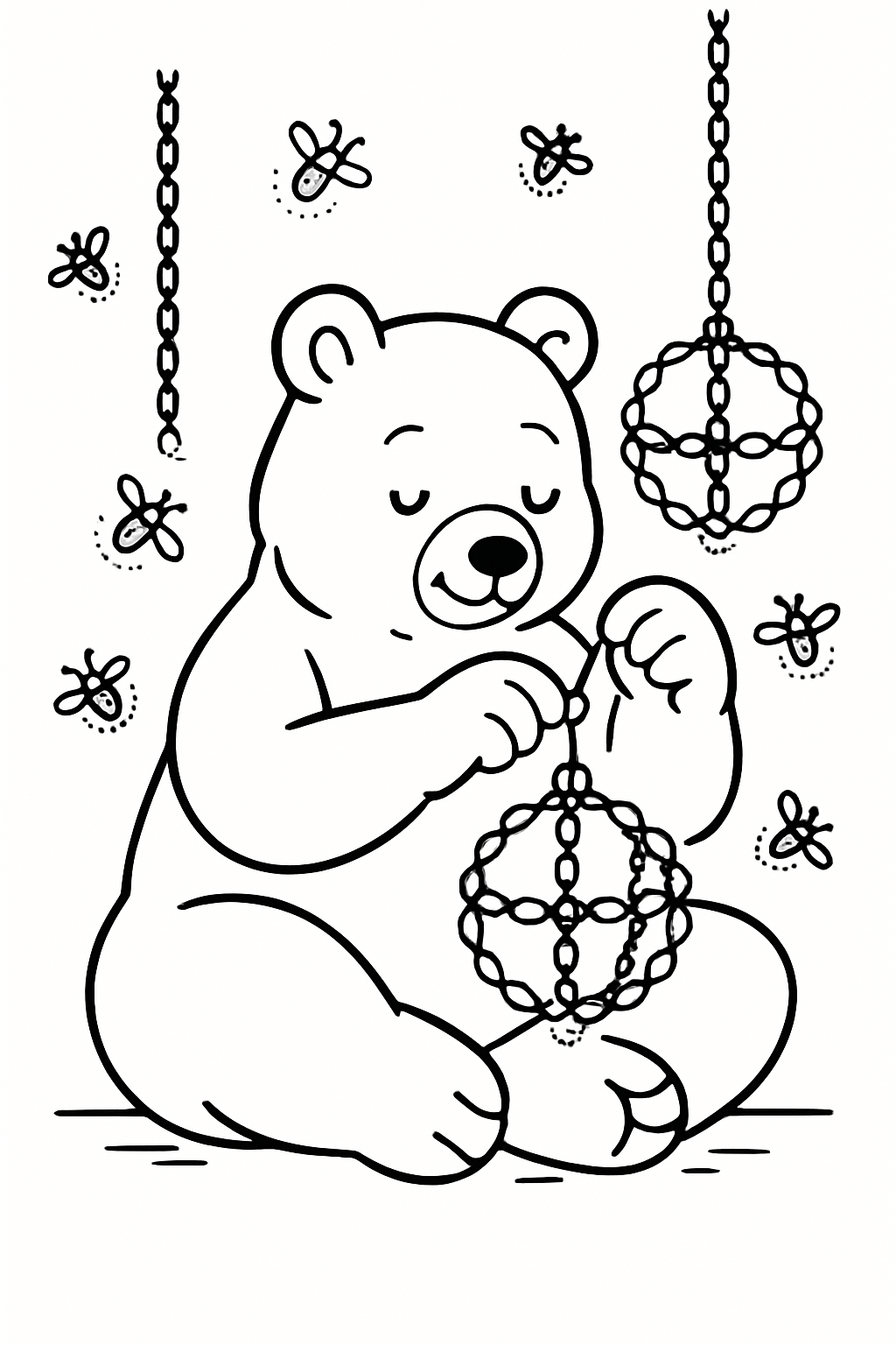 bear weaving lanterns from glowing fireflies