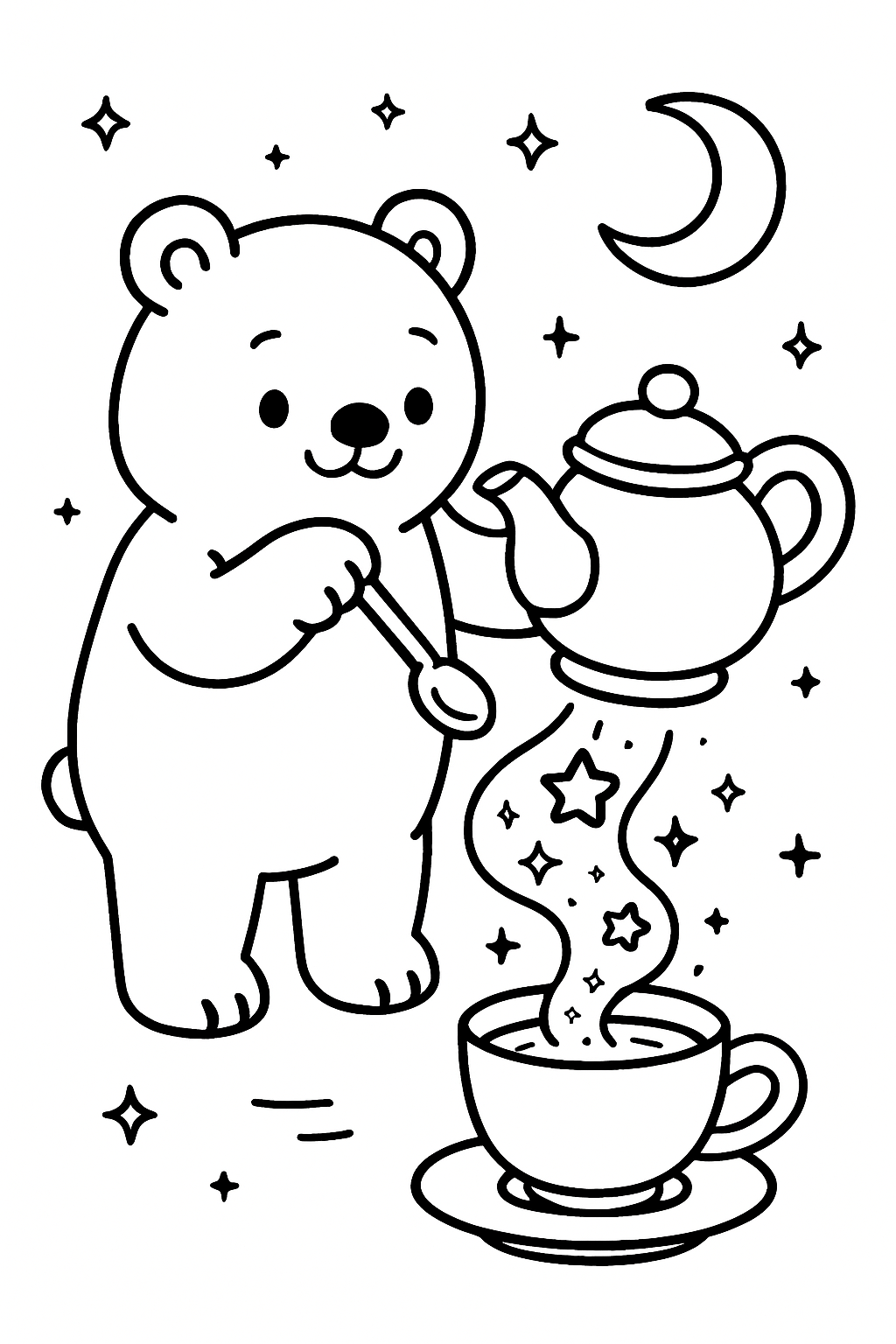 bear brewing stardust tea in floating teapot
