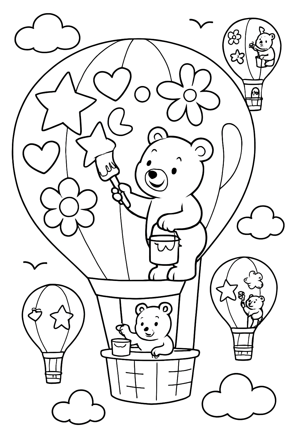 bear painting murals on drifting hot-air balloons