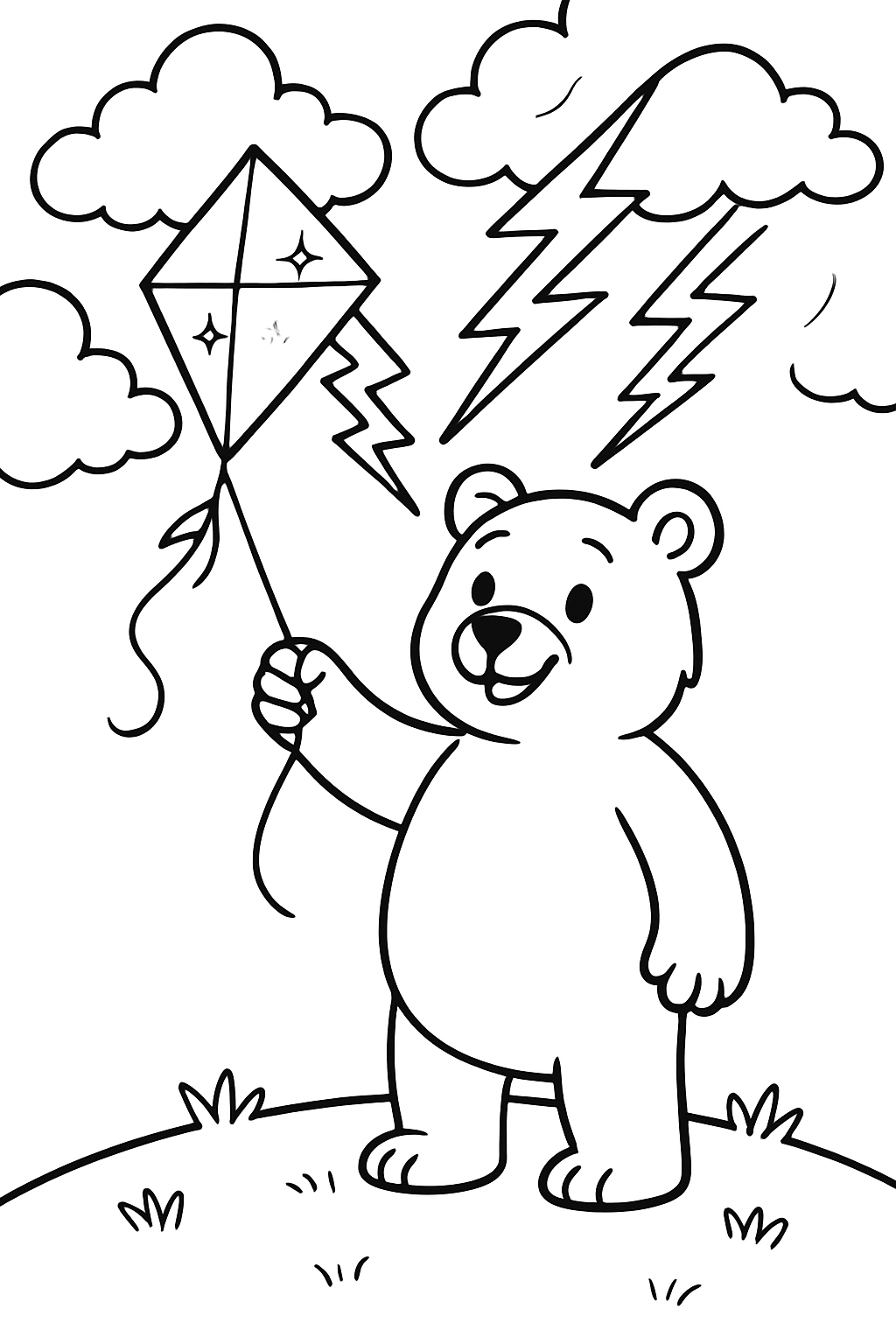 bear conducting thunder with a silver kite
