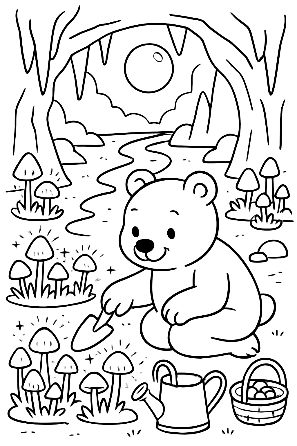 bear gardening bioluminescent mushrooms in moonlit cavern