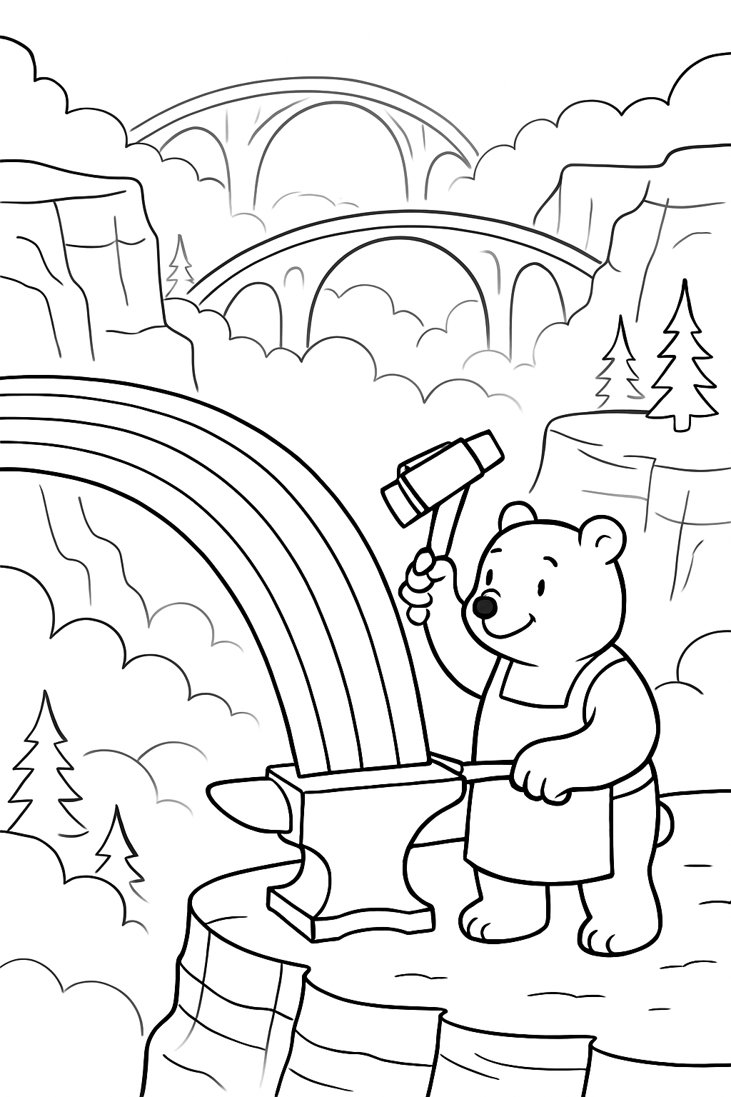 bear forging rainbow bridges over misty canyon