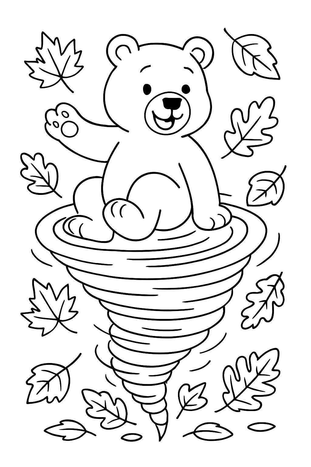 bear riding whirlwind atop swirling autumn leaves