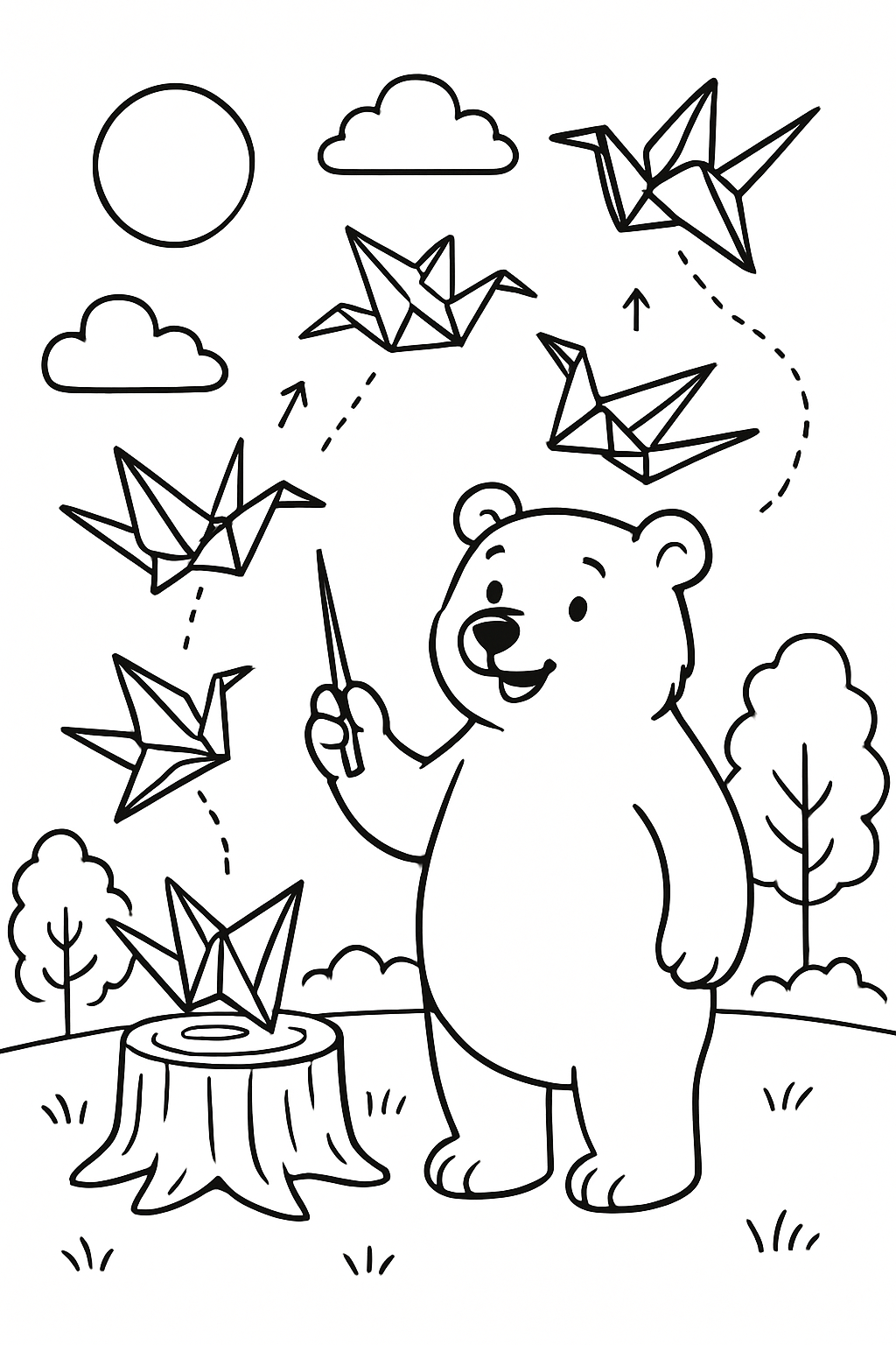 bear teaching origami cranes to soar
