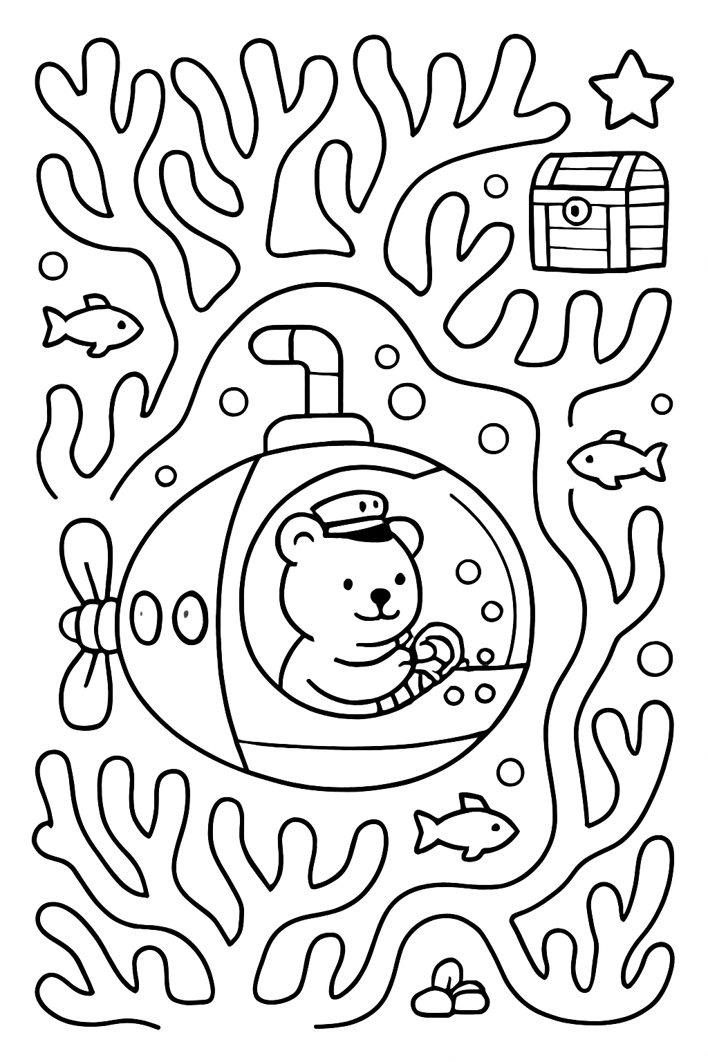 bear navigating coral maze in glass submarine
