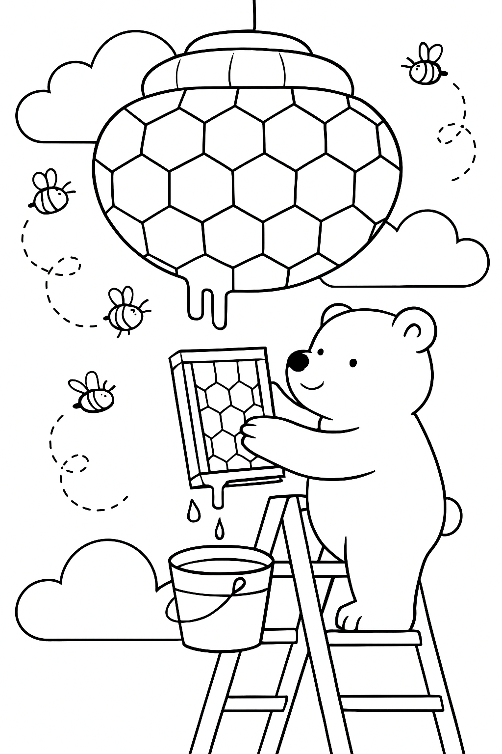 bear harvesting honeycombs from giant sky-hive