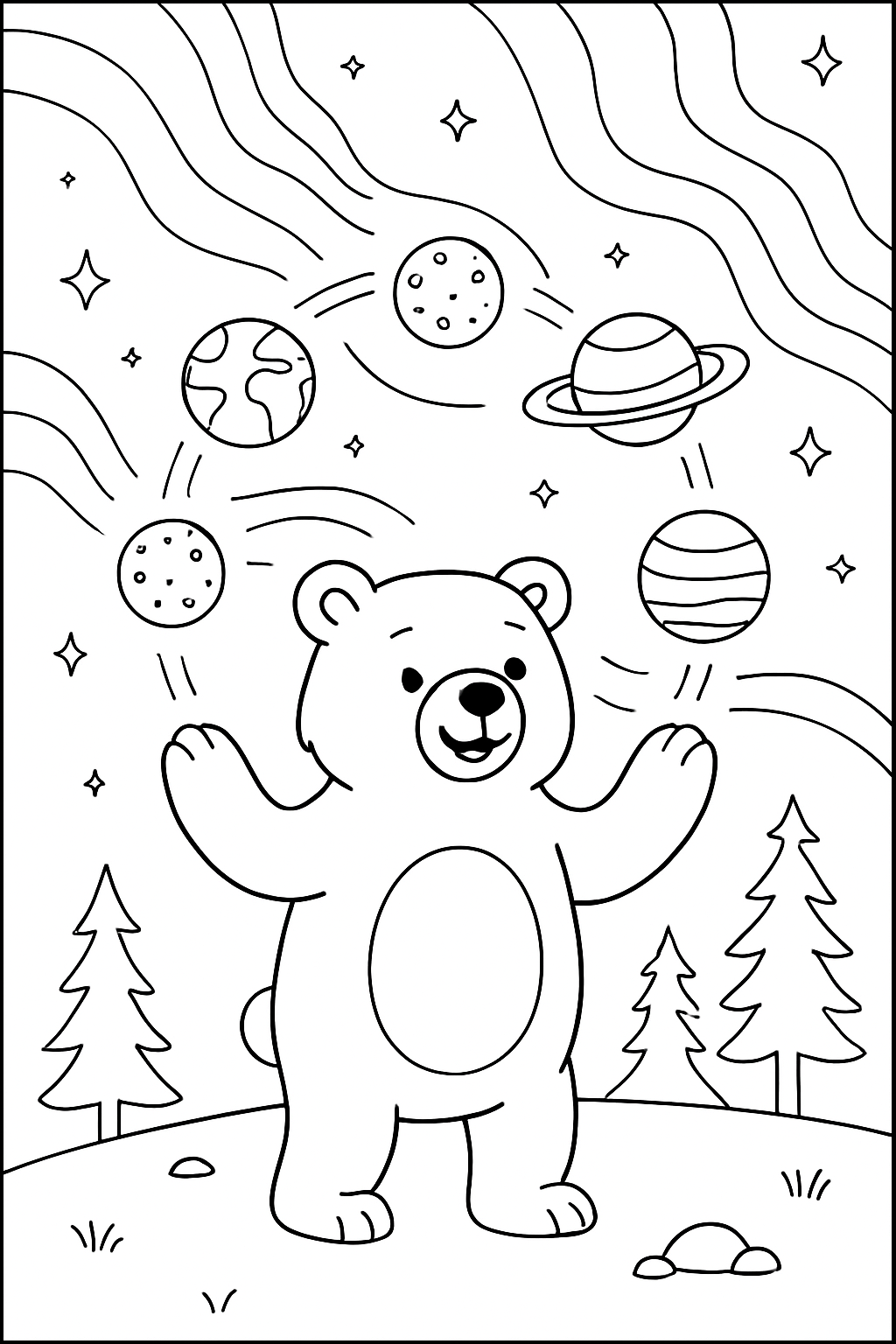 bear juggling planets under aurora-streaked sky