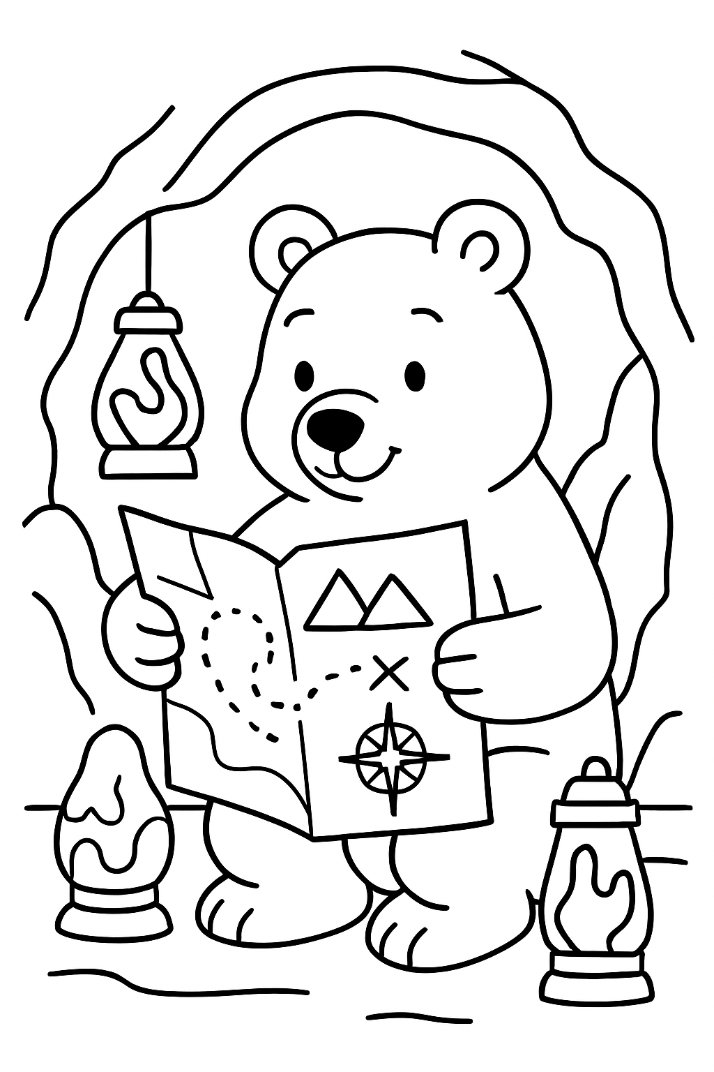 bear reading ancient map by lava lanterns