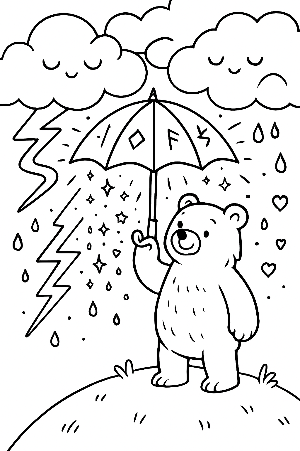 bear taming stormclouds with enchanted umbrella