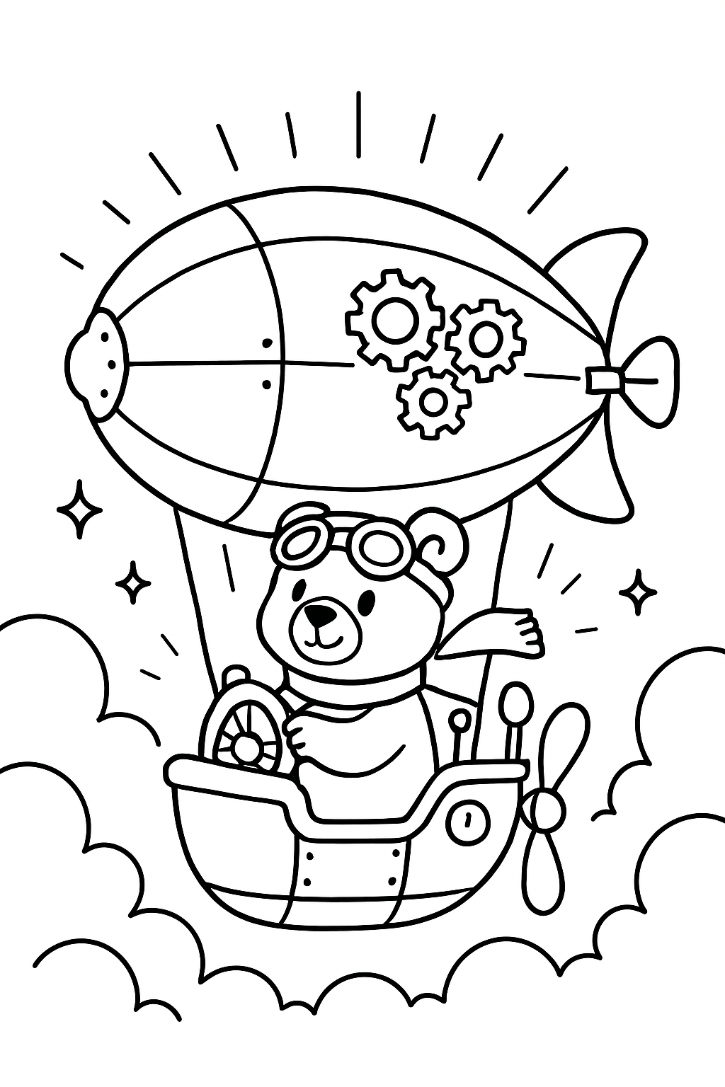 bear piloting clockwork airship through neon fog