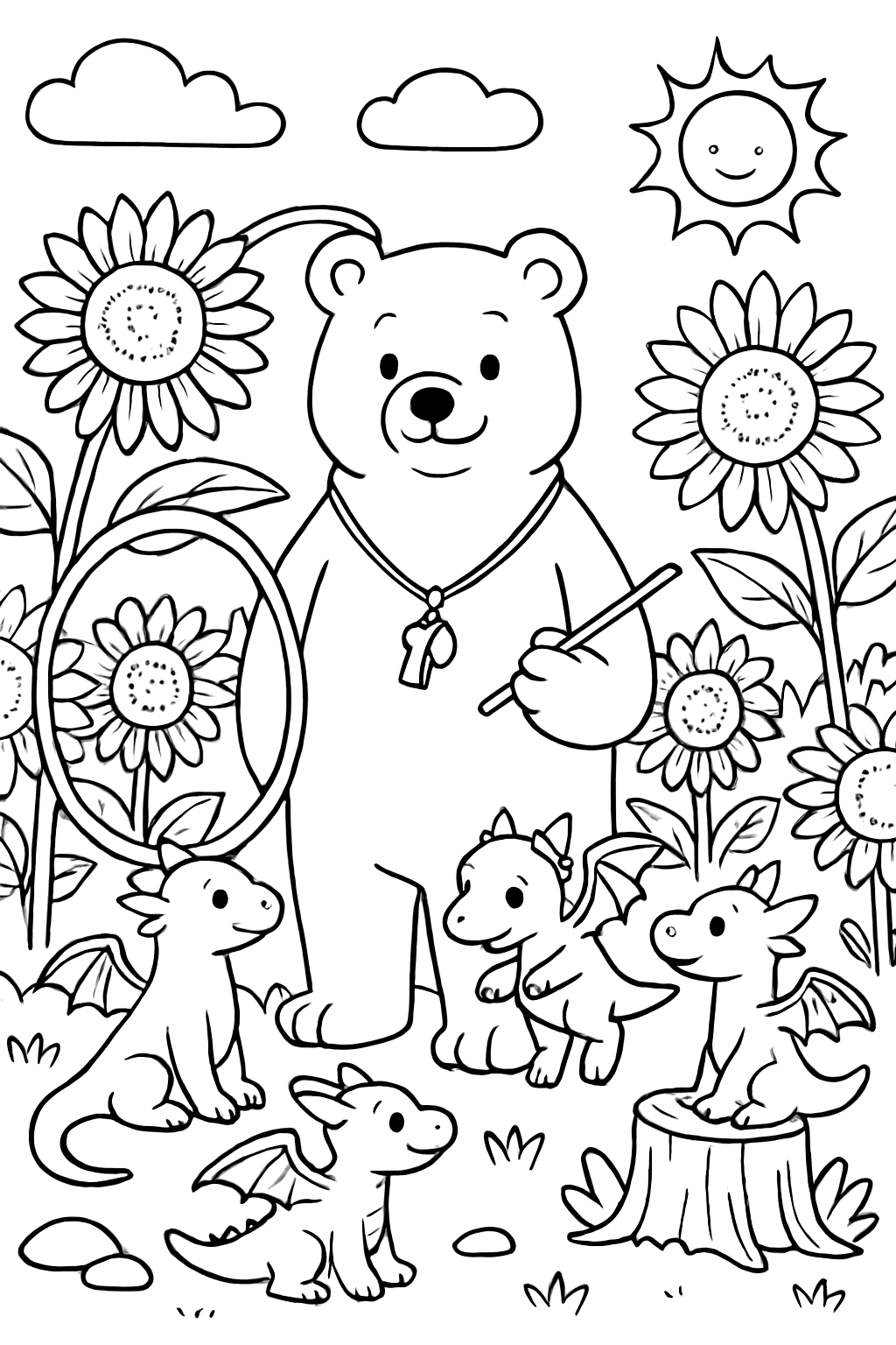 bear training miniature dragons in sunflower field