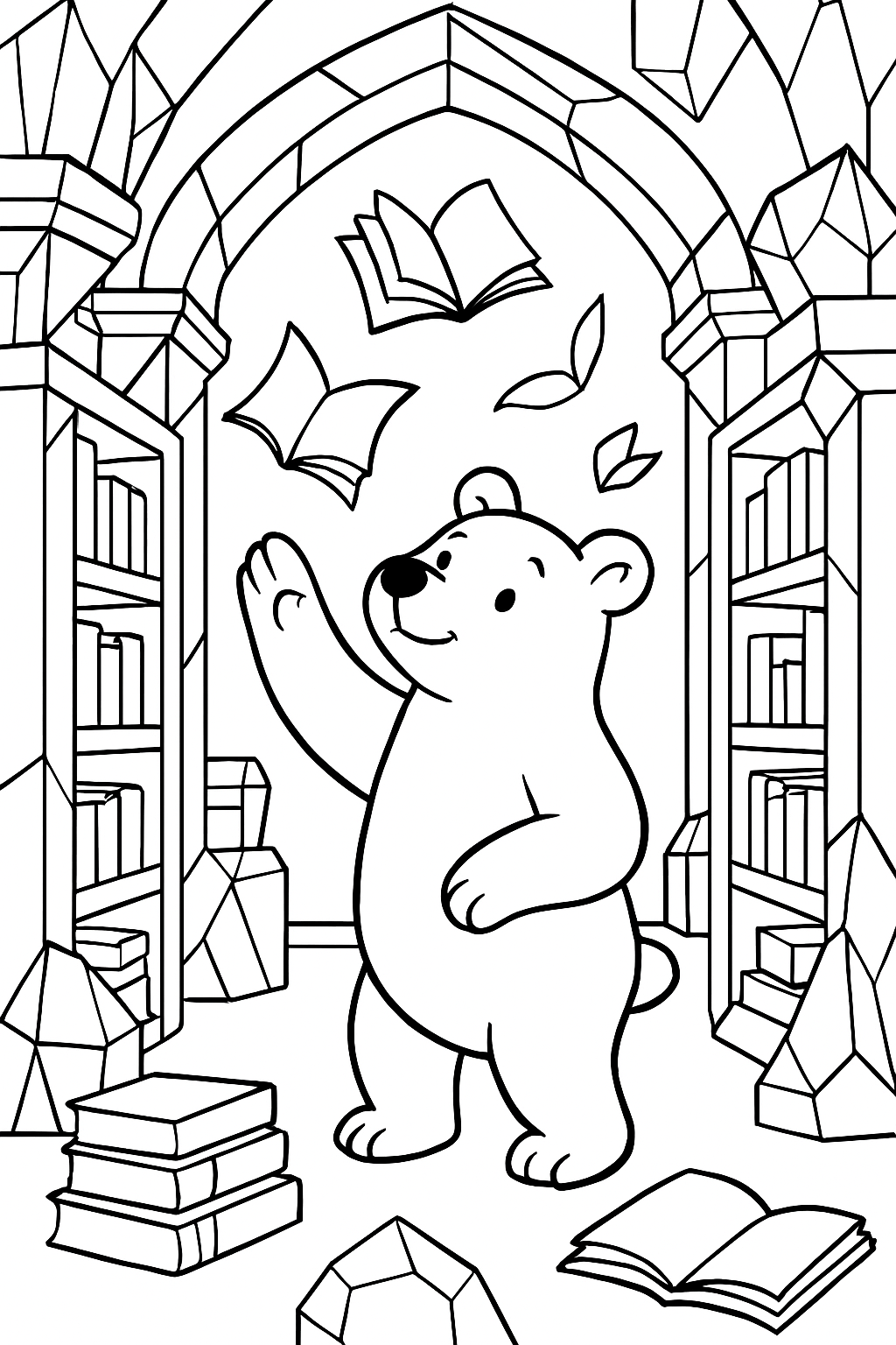 bear exploring crystal library with fluttering pages