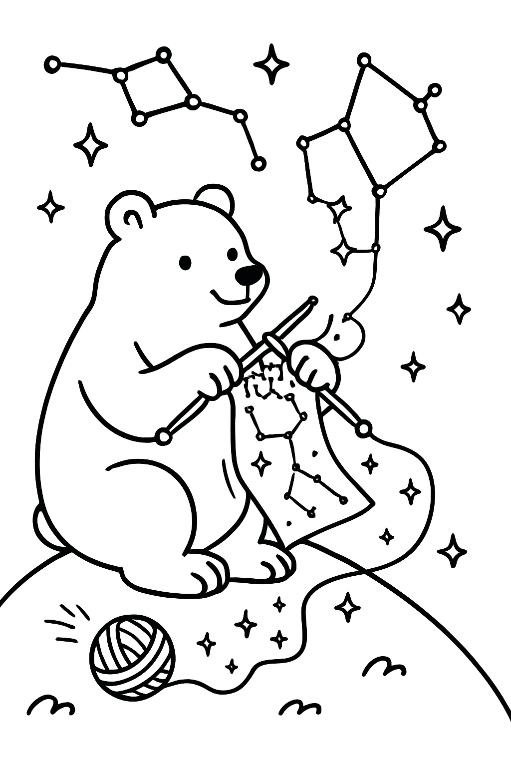 bear knitting constellations with shimmering comet thread