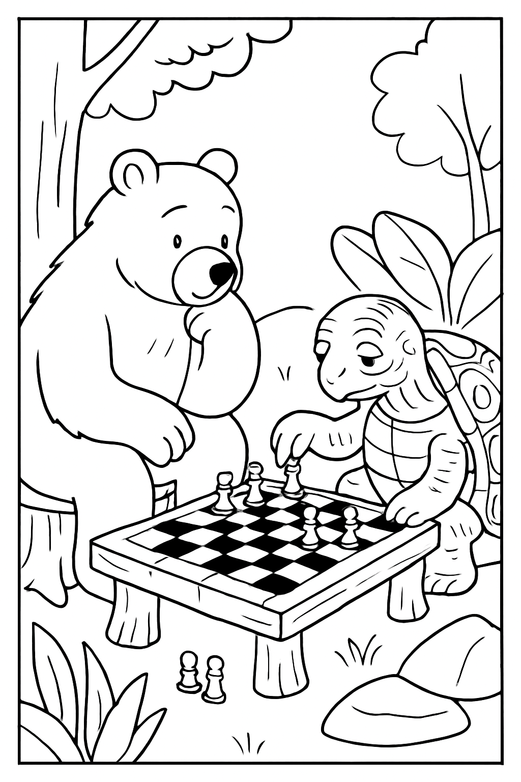 bear strategizing chess against wise ancient tortoise