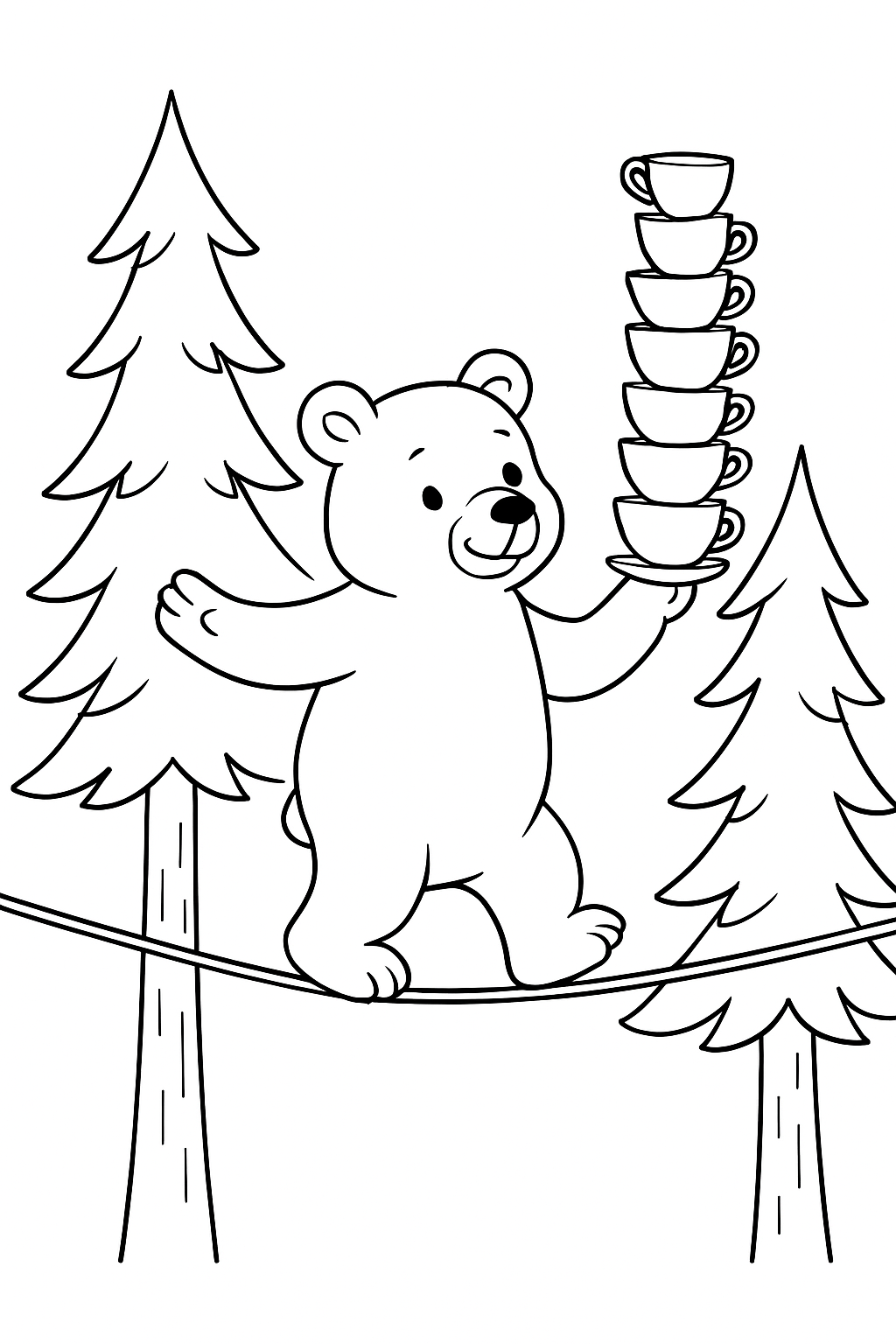 bear balancing teacups on tightrope between pines